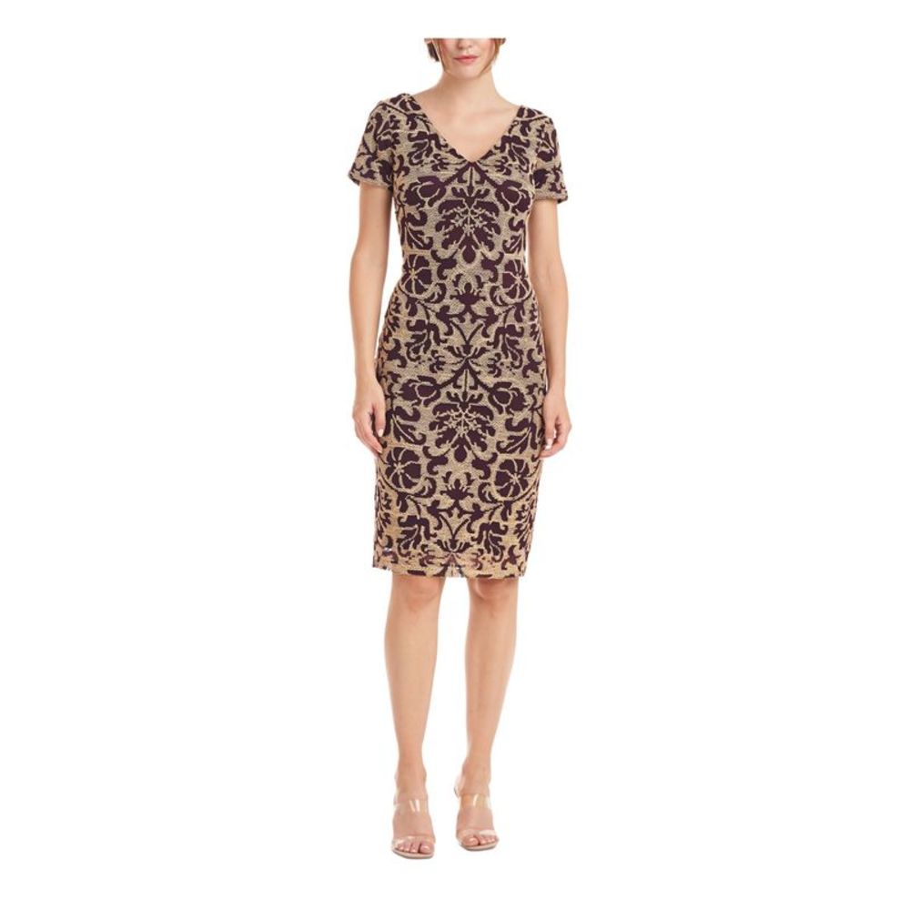 JS COLLECTION Womens Maroon Mesh Fitted Lined Short Sleeve Sheath Dress 12